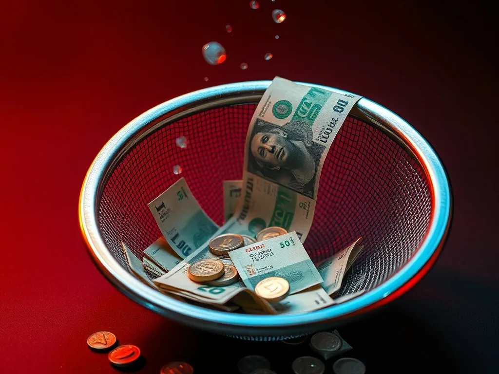 A visual representation of money leaking through a sieve, pr