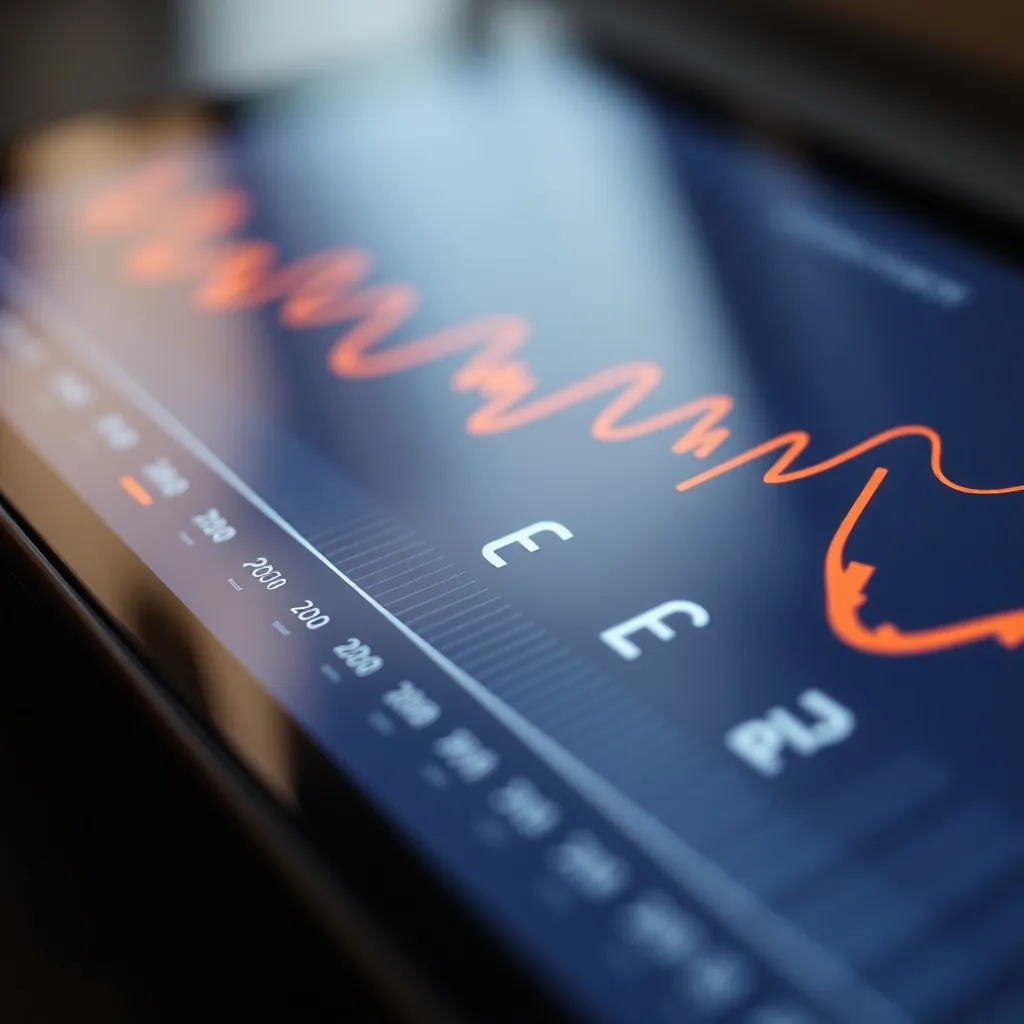 A close up of a digital tablet screen showing a rising finan