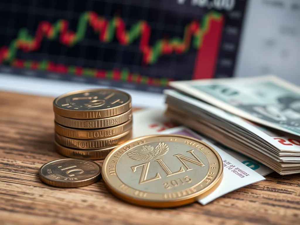 A close-up of Polish Zloty coins and banknotes on a wooden t