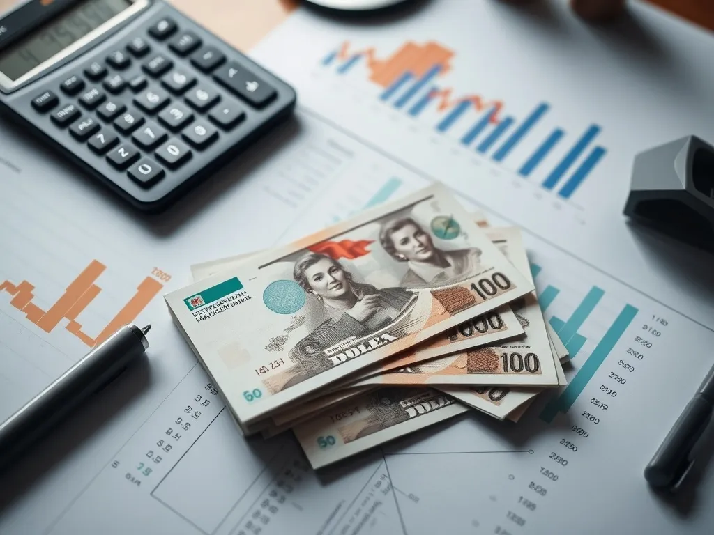 A professional financial workspace with charts, a calculator