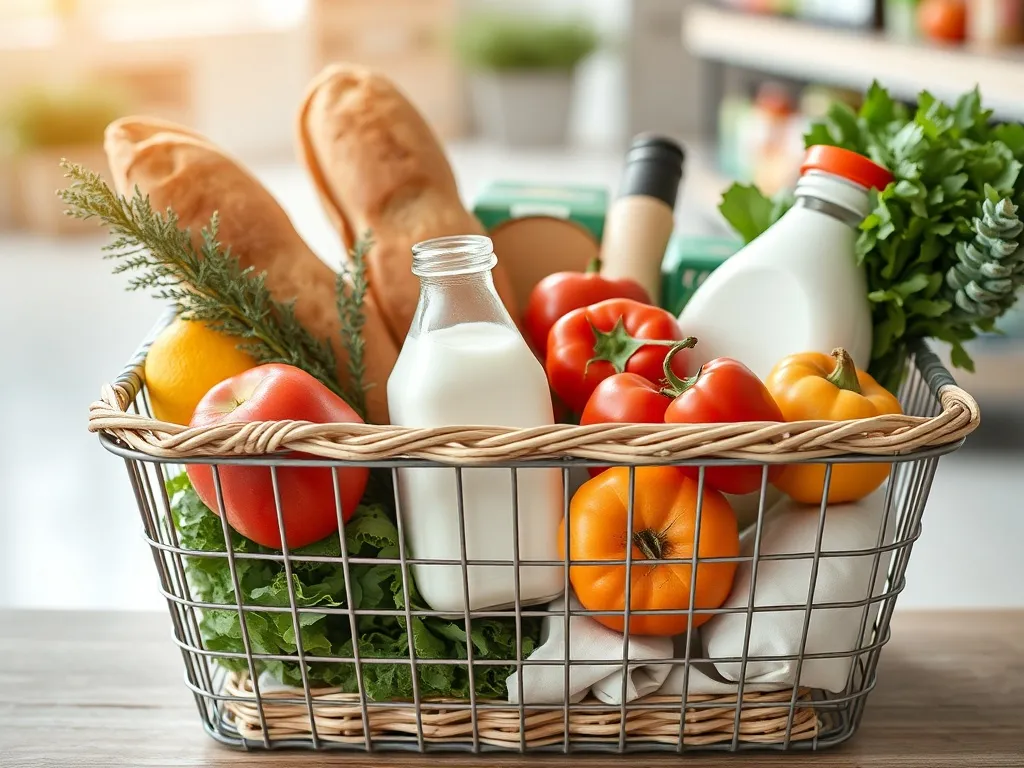 A grocery basket filled with basic food items like bread, mi